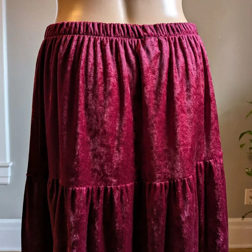 Vintage 90s Teddi Velvet Midi Skirt Tiered Prairie Whimsigoth Autumn Size M